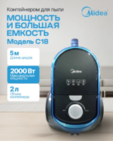 Пылесос Midea, без мешка, 2л, 2000Вт, HEPA13, радиус 10м, 3 насадки, мощность всасывания 400 аэроватт-DOSTAVKANADOM.UZ