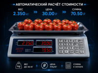 Электронные торговые весы, до 40 кг, точность 5 г, работают от сети и батареек